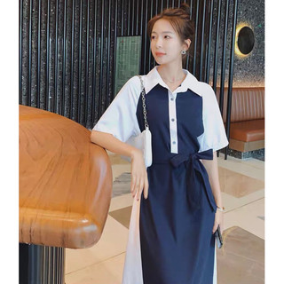 Đầm sơ mi xanh đen phối trắng (kèm hình thật)