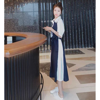 Đầm sơ mi xanh đen phối trắng (kèm hình thật)