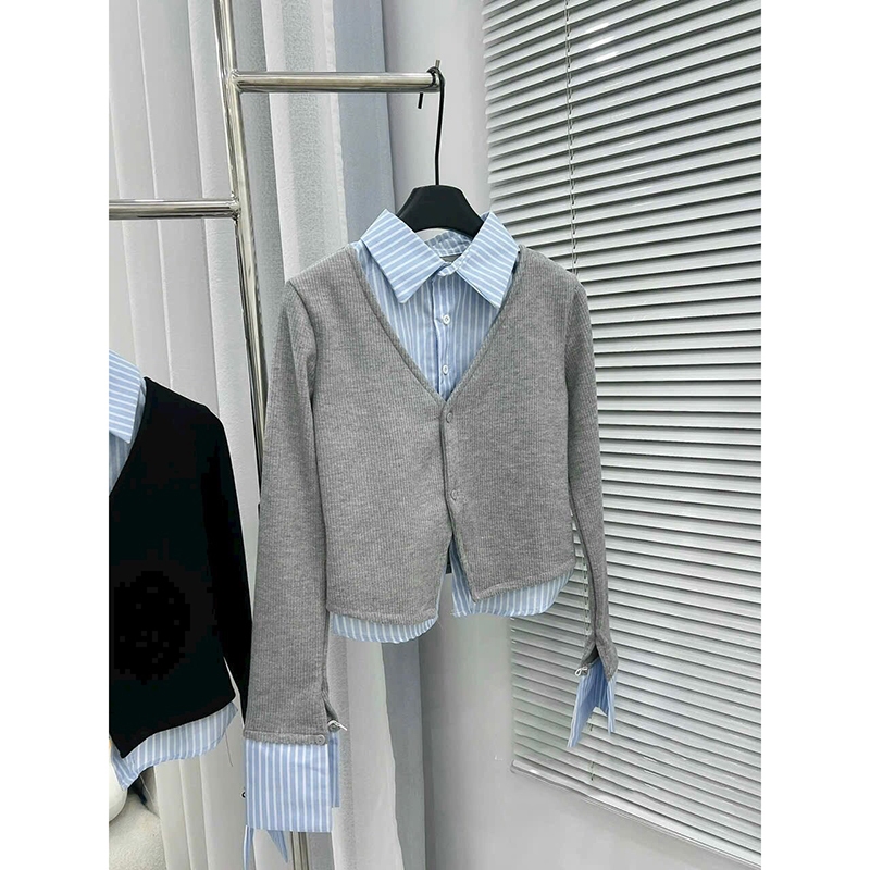 Áo Len Cadigan Crotop Phối Sơ Mi Kẻ Hàng Quảng Châu AP143 - Lolla Fashion