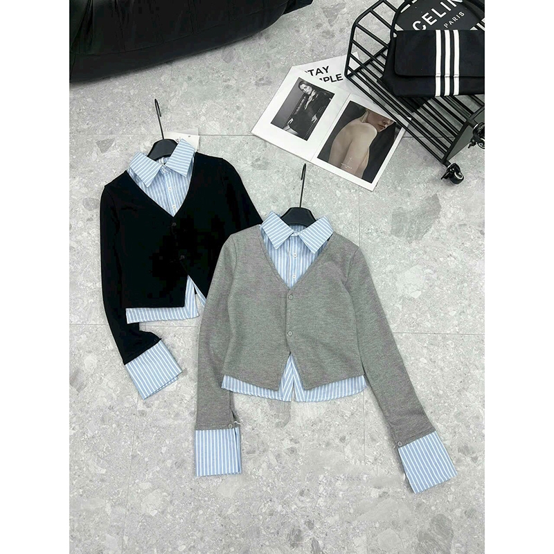 Áo Len Cadigan Crotop Phối Sơ Mi Kẻ Hàng Quảng Châu AP143 - Lolla Fashion