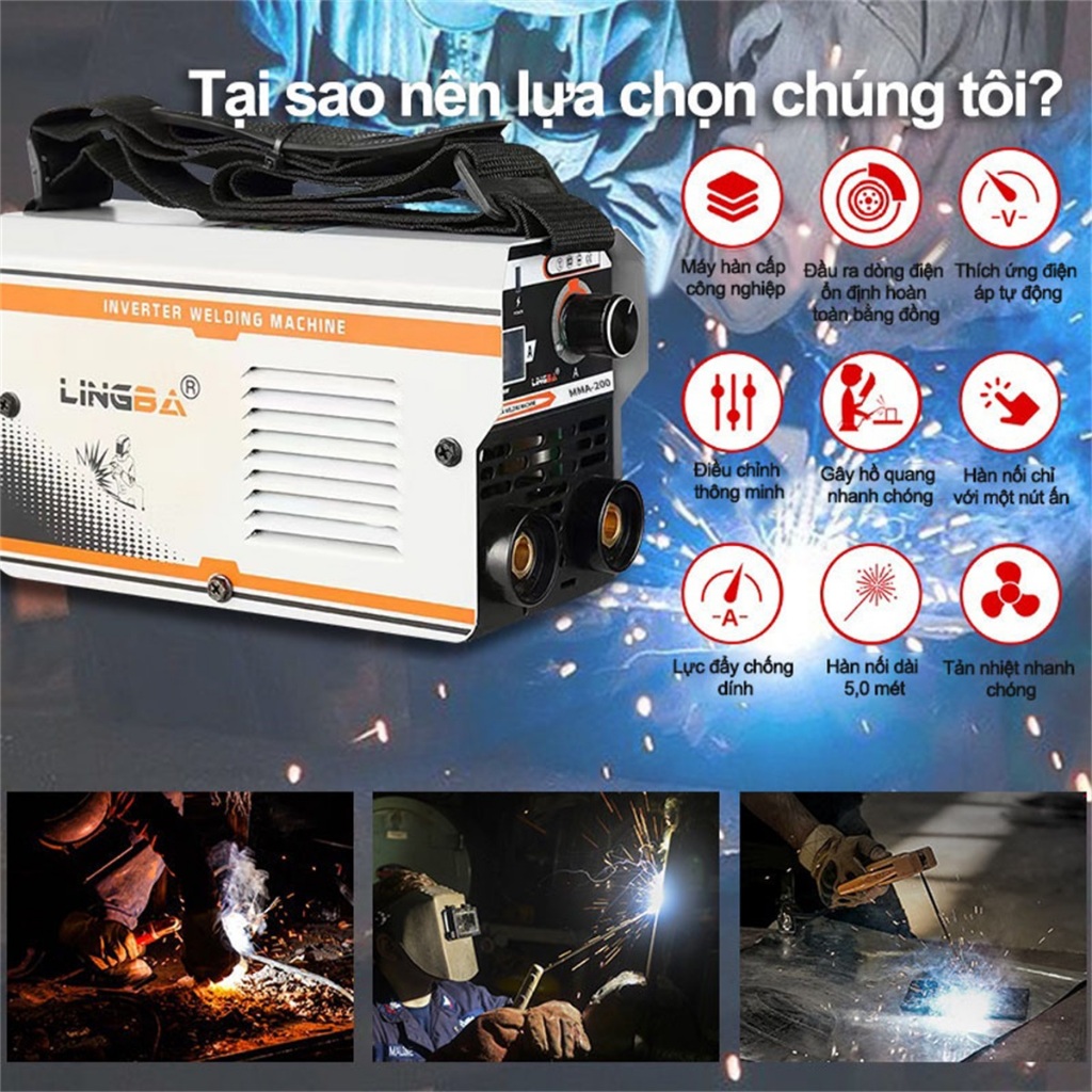 Máy hàn điện tử mini MMA-200, Hàn được vật liệu mỏng,hồ quang ổn định, Mặt nạ hàn + Búa gõ rỉ sét + Dây kẹp mát + Que hà