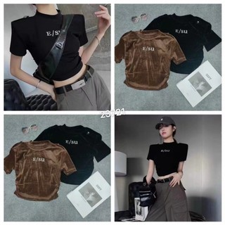 Áo nhung E/su nữ cộc tay cổ tròn croptop cầu vai cách điệu sang chảnh hàng CC LuciK Shop AT0102