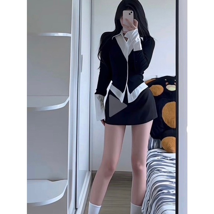 Áo thun đen phối sơ mi dáng ôm vạt nhọn tôn eo - 247store.vn - Aothunphoisomi8913_P0K26