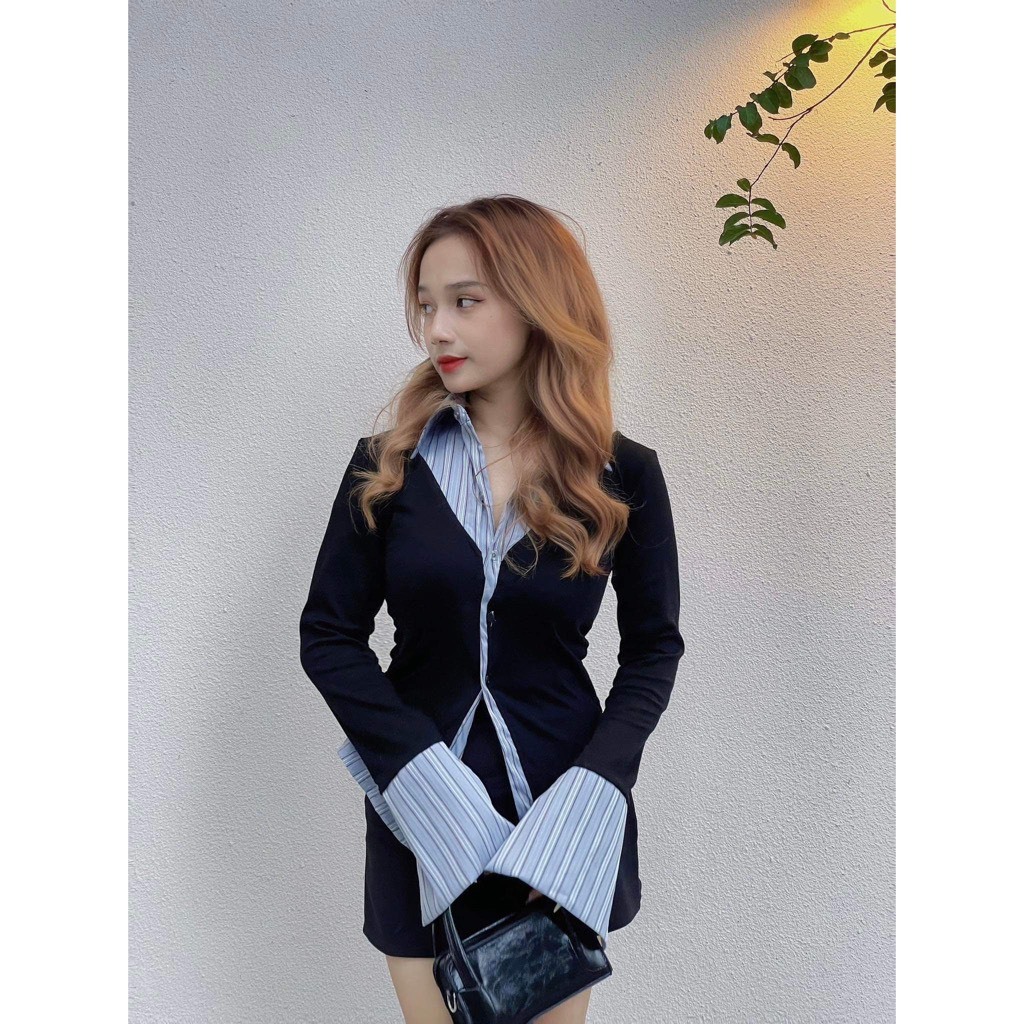 Áo thun đen phối sơ mi dáng ôm vạt nhọn tôn eo - 247store.vn - Aothunphoisomi8913_P0K26