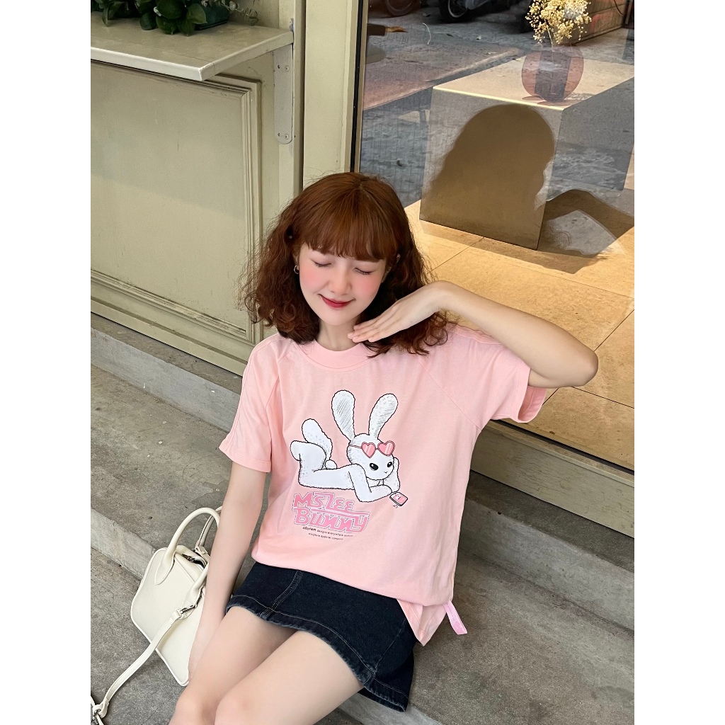Áo thun form fit Killsystem Ms Lee Bunny màu hồng, đen, kem chất vải cotton