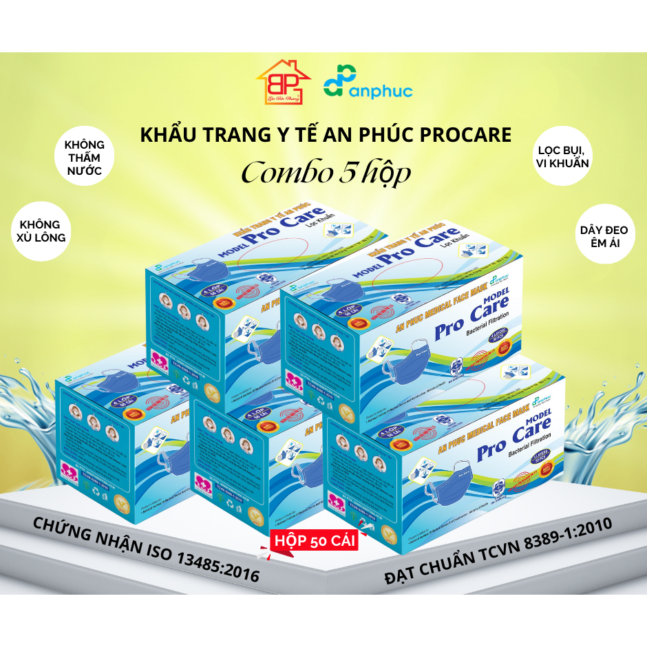 Khẩu trang Y Tế An Phúc Procare - COMBO 5 hộp, giá rẻ, 4 lớp, nhiều màu, hộp 50 cái