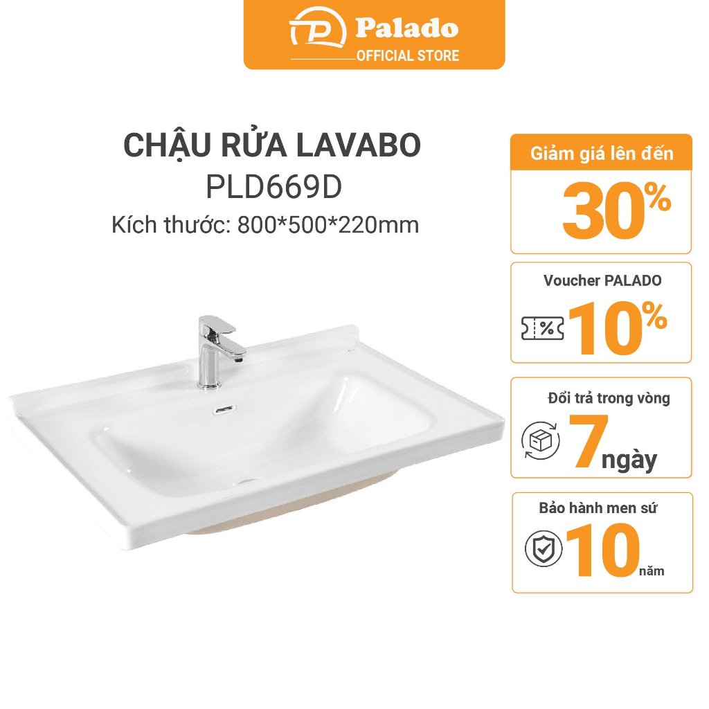 Chậu rửa lavabo âm bàn Palado PLD669D, chất liệu sứ cao cấp. Kích thước 800x500x220mm