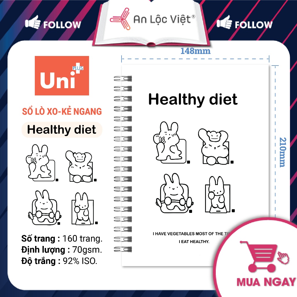 Sổ lò xo A5 160 trang kẻ ngang, bìa trắng họa tiết cute siêu dễ thương, giấy dày định lượng 70gsm