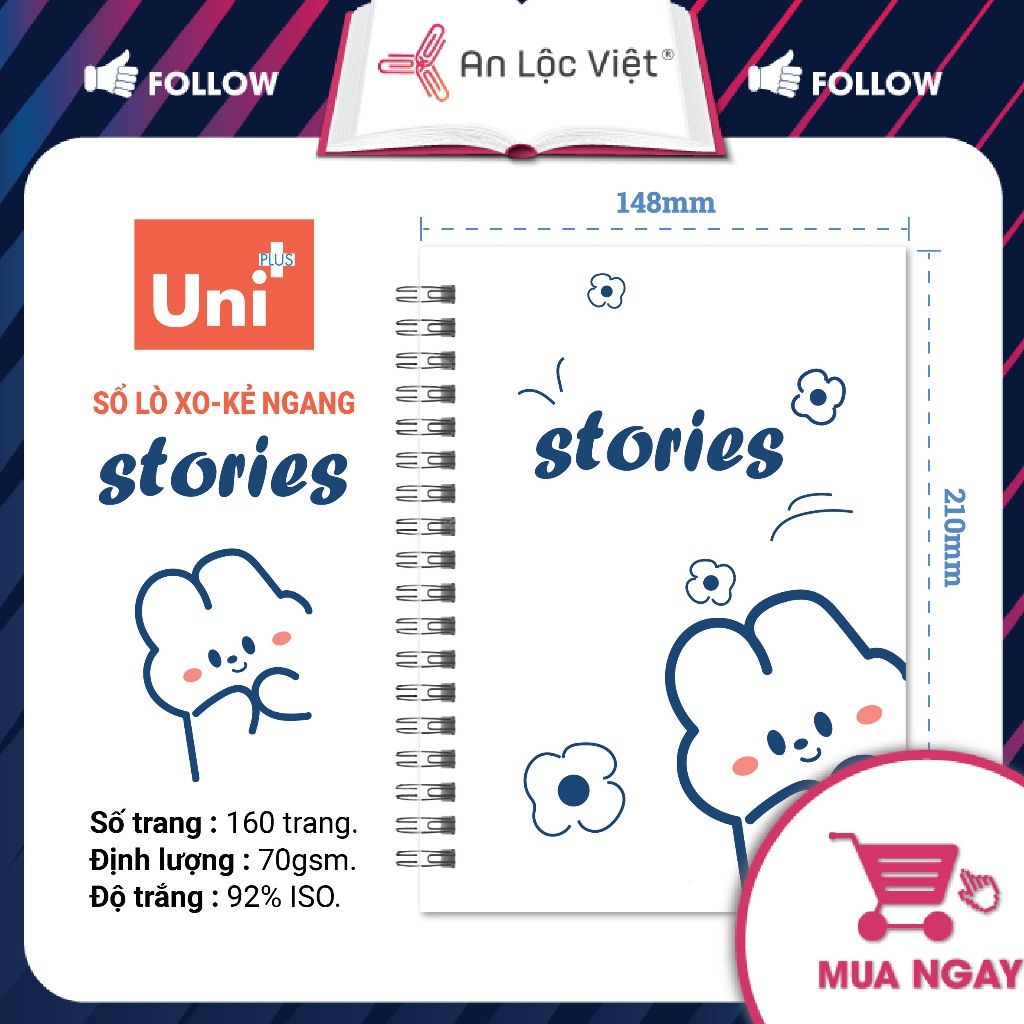Sổ lò xo A5 160 trang kẻ ngang, bìa trắng họa tiết cute siêu dễ thương, giấy dày định lượng 70gsm