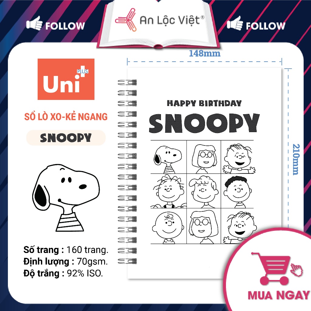 Sổ lò xo A5 160 trang kẻ ngang, bìa trắng họa tiết cute siêu dễ thương, giấy dày định lượng 70gsm