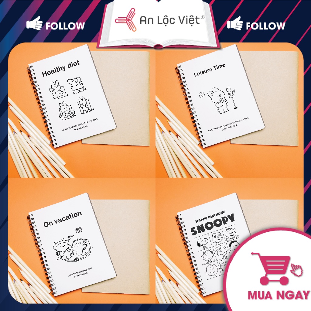 Sổ lò xo A5 160 trang kẻ ngang, bìa trắng họa tiết cute siêu dễ thương, giấy dày định lượng 70gsm