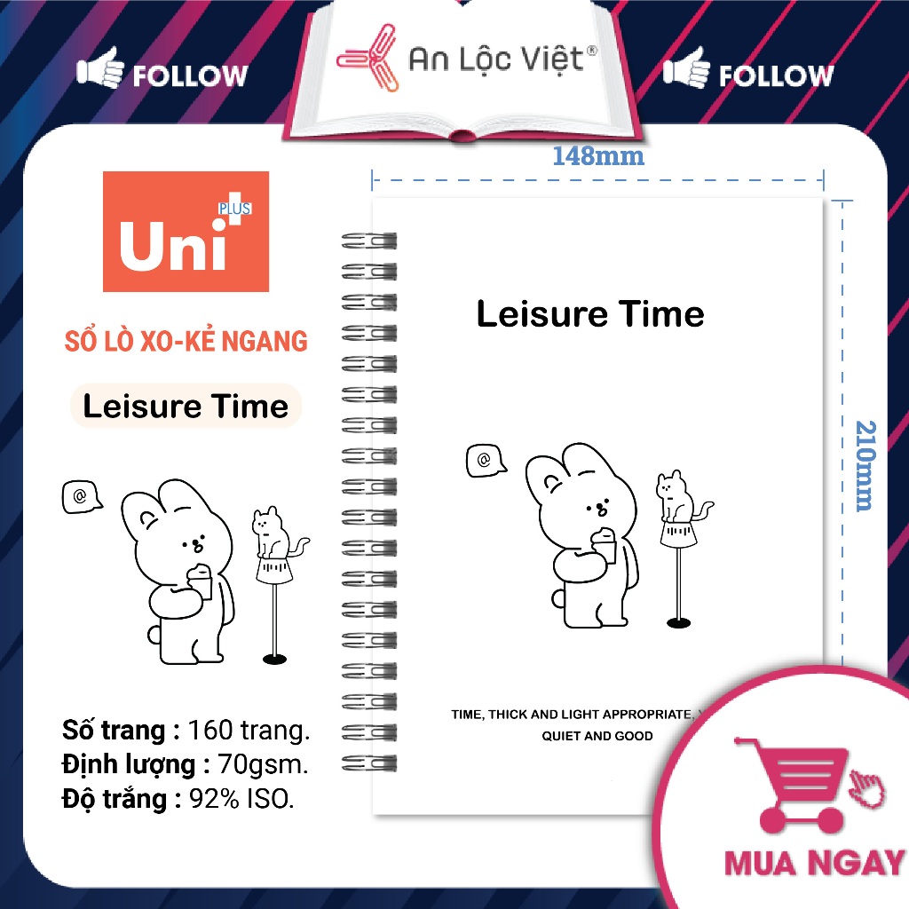 Sổ lò xo A5 160 trang kẻ ngang, bìa trắng họa tiết cute siêu dễ thương, giấy dày định lượng 70gsm