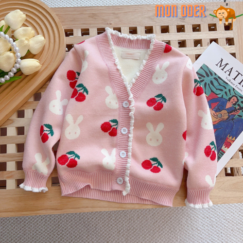 Áo cardigan len họa tiết thỏ cherry hồng cho bé gái xinh xắn đủ size