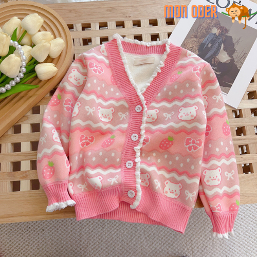Áo cardigan len họa tiết gấu dâu hồng cho bé gái nhiều size mẫu mới 2023