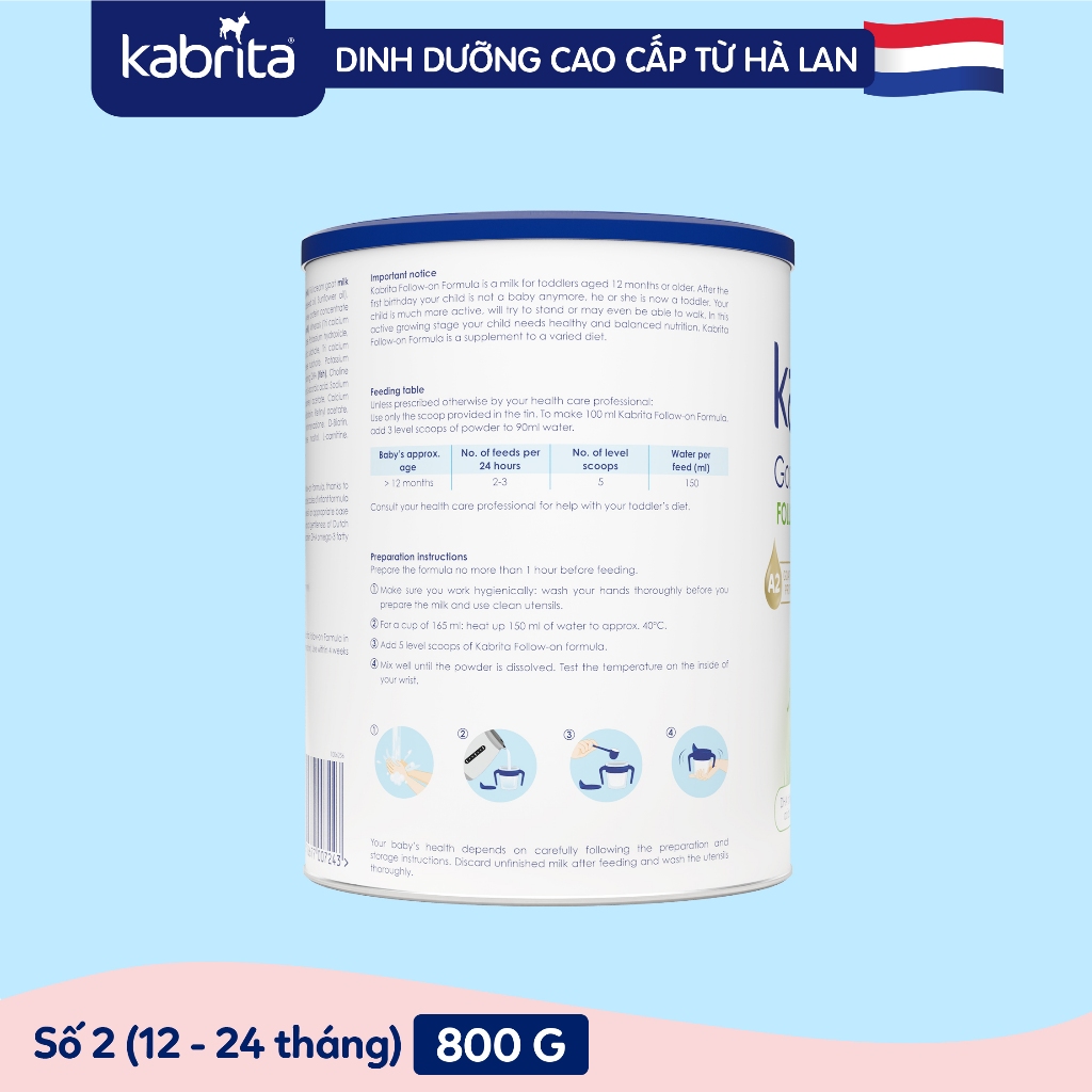 Sữa dê Kabrita Hà Lan số 2 cho bé - Lon 800g