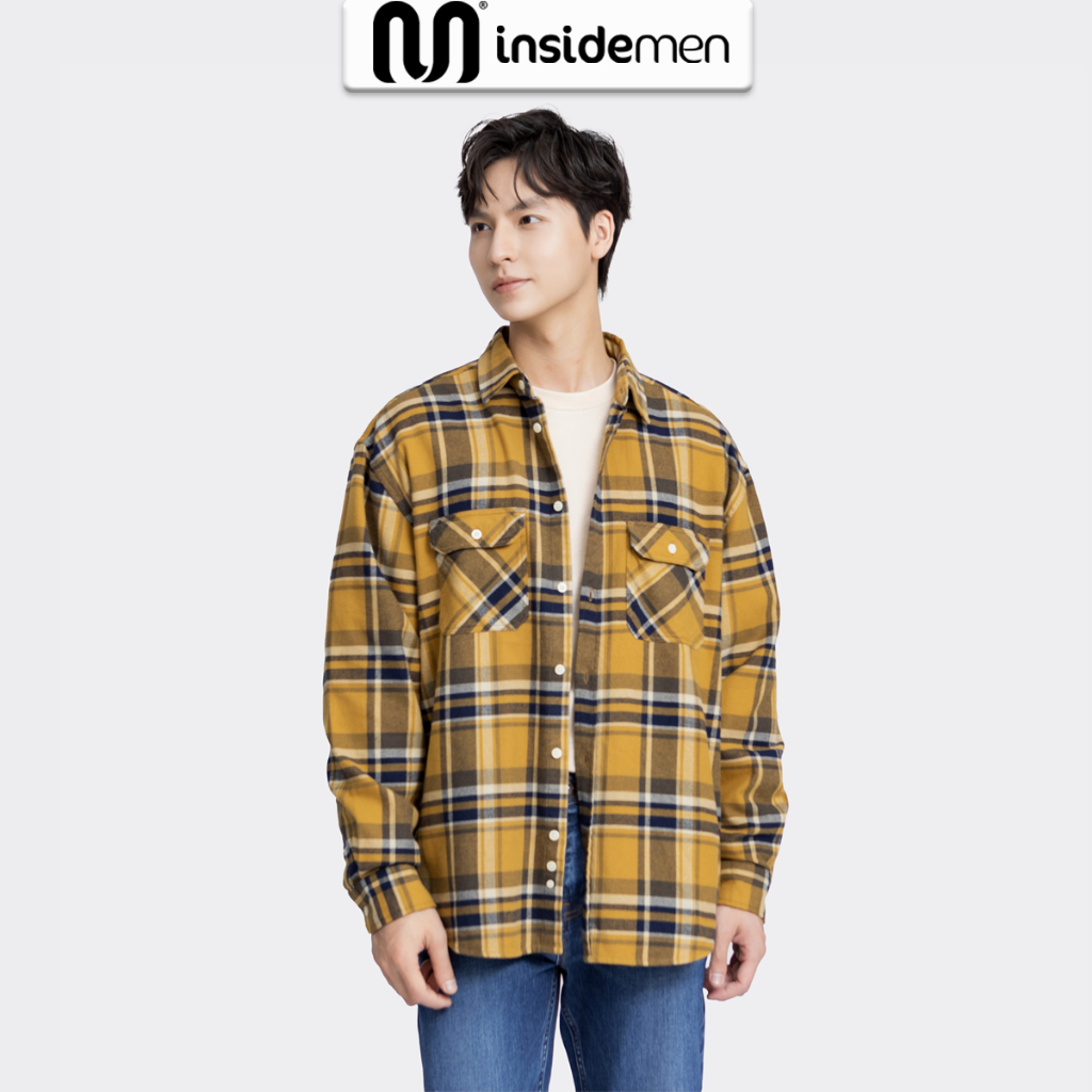 Áo sơ mi dài tay form rộng INSIDEMEN cổ bẻ kẻ caro phong cách Hàn Quốc cá tính cho nam flannel jacket ILS03003