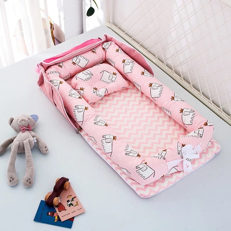 Đệm ngủ cho bé gấp gọn, Đệm nằm di động cho bé ngủ ngon, gối 2 lớp (tặng kèm gối chống méo đầu dành cho bé)