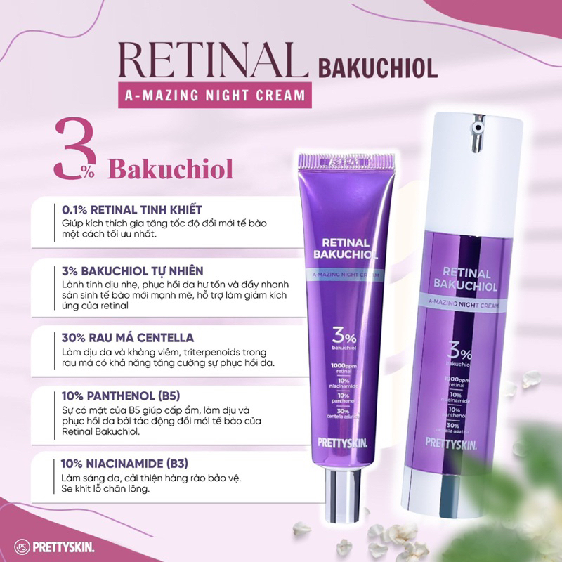 Retinal Pretty Skin, kem dưỡng Pretty Skin retinal bakuchiol A-mazing night cream tái tạo trẻ hóa, căng bóng đều màu da