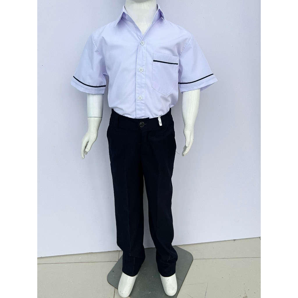 Áo đồng phục học sinh tiểu học cho bé trai, áo sơ mi trắng viền tay túi.