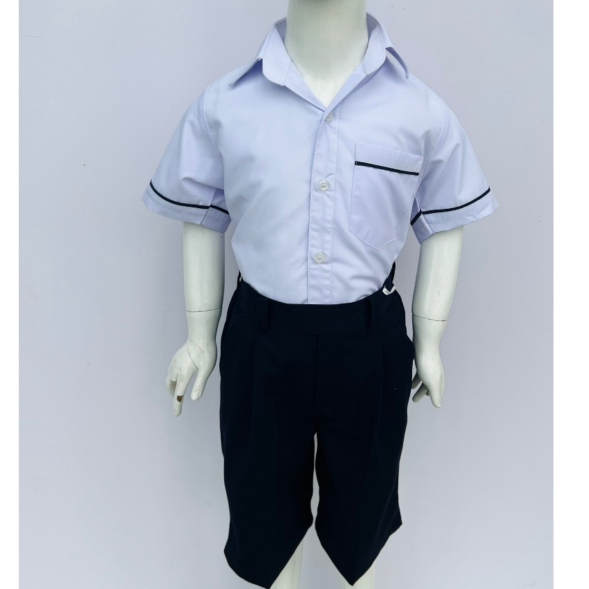 Áo đồng phục học sinh tiểu học cho bé trai, áo sơ mi trắng viền tay túi.