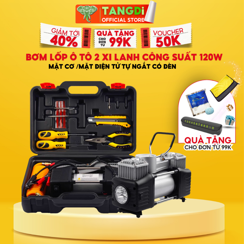 A14 Bơm Lốp Ô Tô TANGDi 2 Xi Lanh Công Suất chuẩn 120w mặt cơ, mặt điện tử tự ngắt, có đèn-hộp giấy, hộp dụng cụ Mã B05