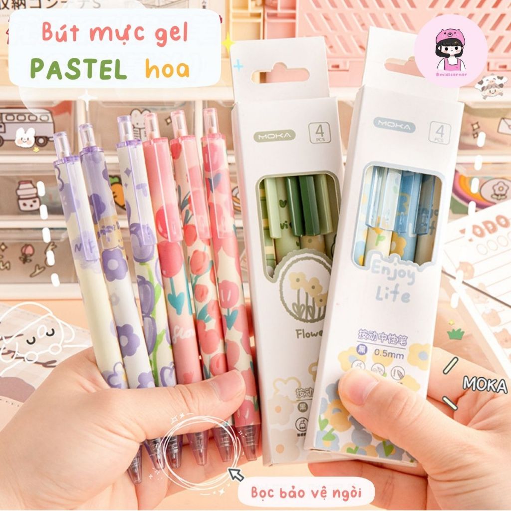Set 4 Bút Mực Gel Ngòi 0.5mm Pastel Họa Tiết Hoa Đáng Yêu Dễ Thương Midi Corner