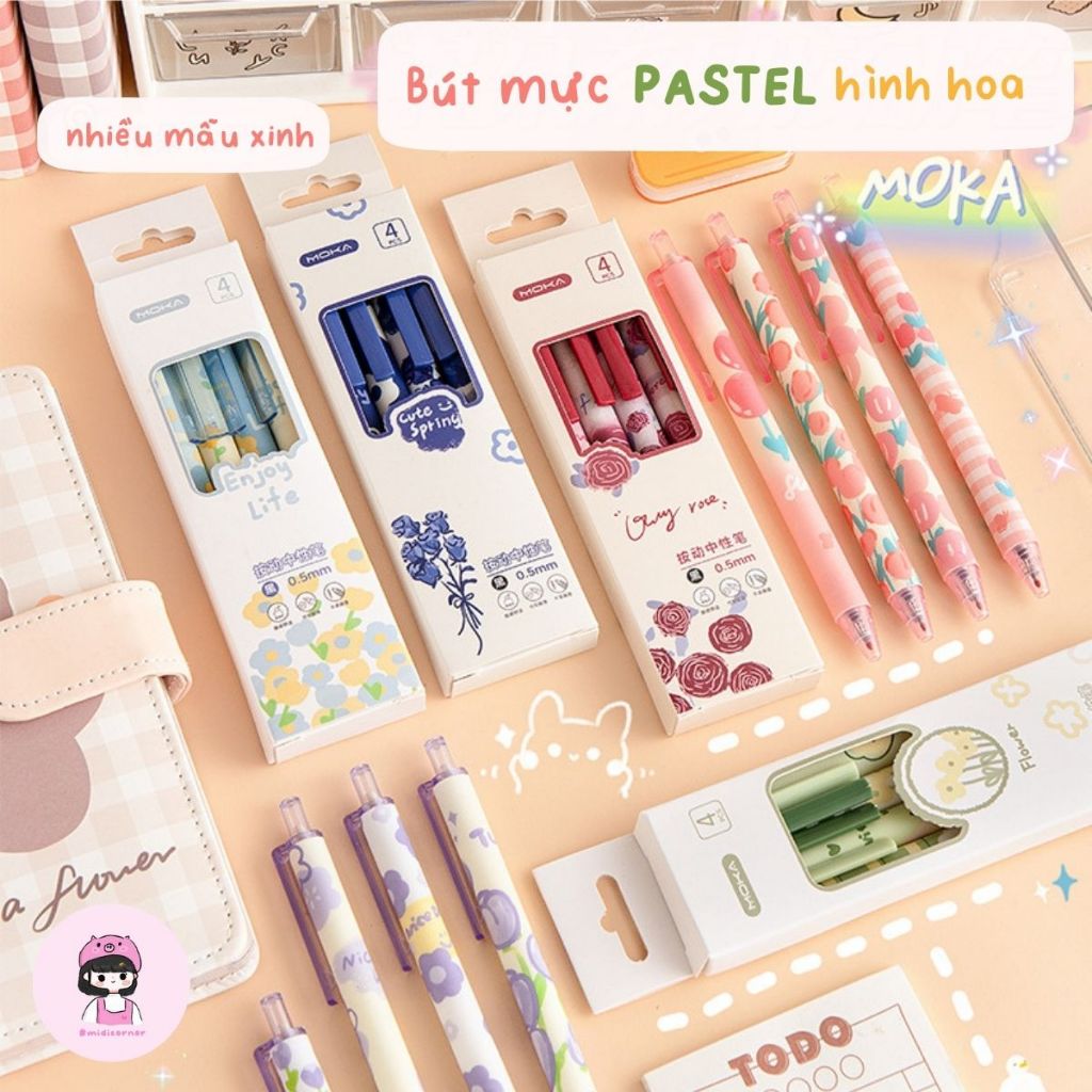 Set 4 Bút Mực Gel Ngòi 0.5mm Pastel Họa Tiết Hoa Đáng Yêu Dễ Thương Midi Corner
