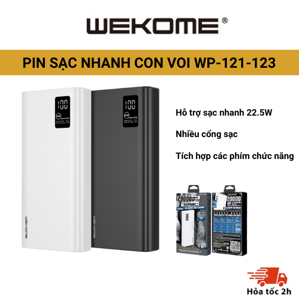 Pin sạc nhanh, dự phòng 22.5W max, pin con voi màn hình LED WEKOME 121 123 10000 20000mAh Phù hợp mọi loại điện thoại