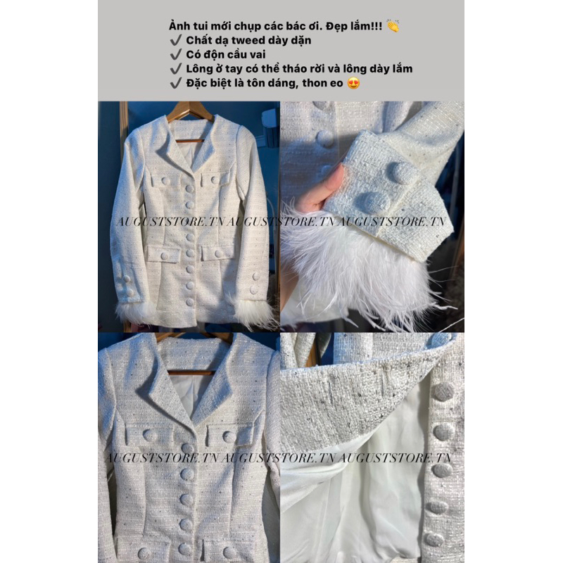 Váy dạ tweed Y.S.L phim Celebrity, cúc bọc tay phối lông vũ sang chảnh