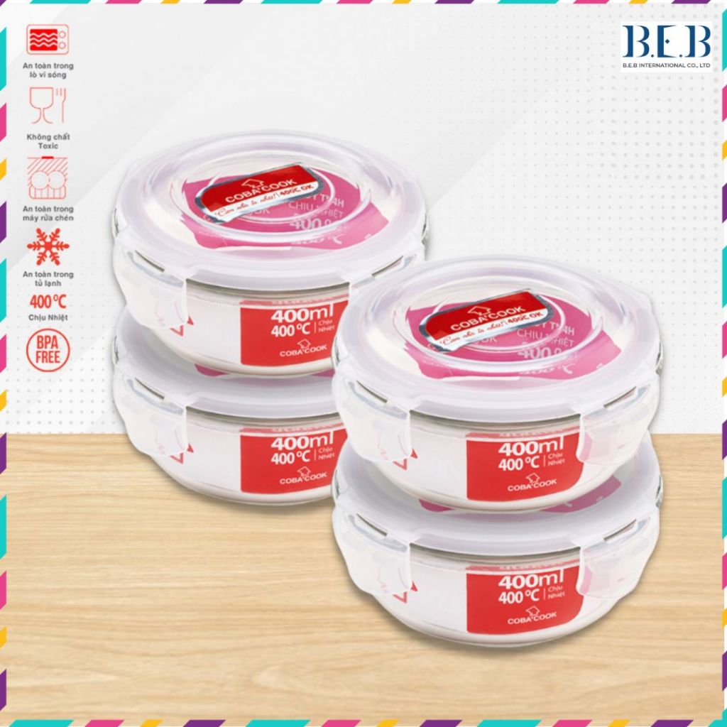 Bộ 4 hộp tròn thủy tinh đựng đồ ăn trữ thực phẩm 400ml COBA'COOK- CCR44
