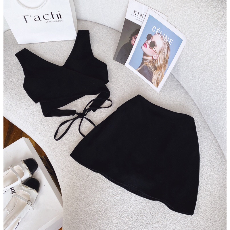 SET CROP CỔ V CHÉO DÂY LƯNG + CHÂN VÁY