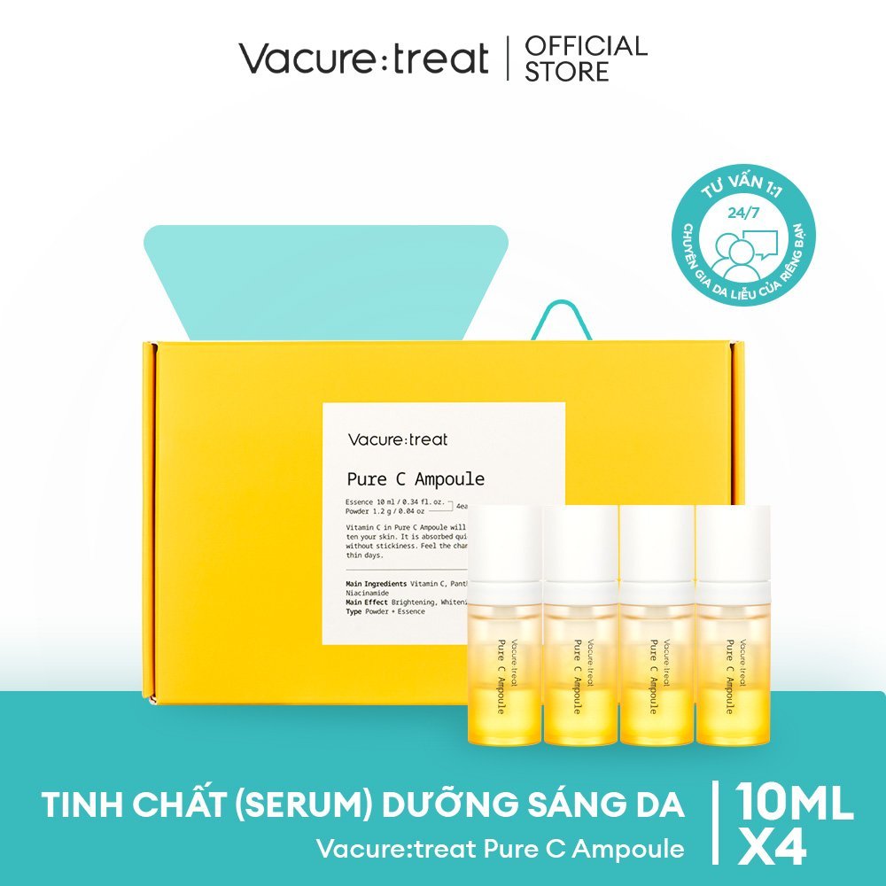 Set Tinh chất Vitamin C Tươi Giúp Sáng Da, Mờ Thâm Sạm Vacure:treat Pure C Ampoule 4 Lọ x 10ml