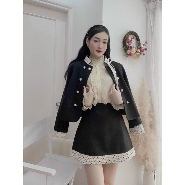 Set dạ tweed - Áo khoác dạ mix với chân váy chữ A viền ren kèm nơ phong cách tiểu thư Gin62.store