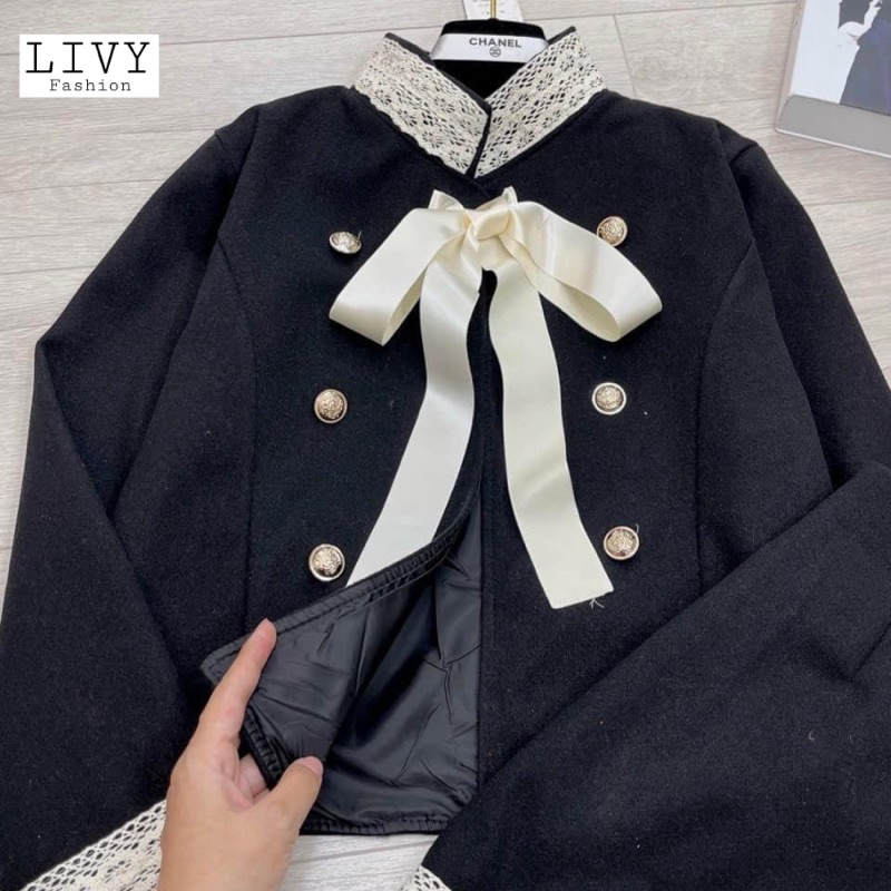 Set dạ tweed - Áo khoác dạ mix với chân váy chữ A viền ren kèm nơ phong cách tiểu thư Gin62.store
