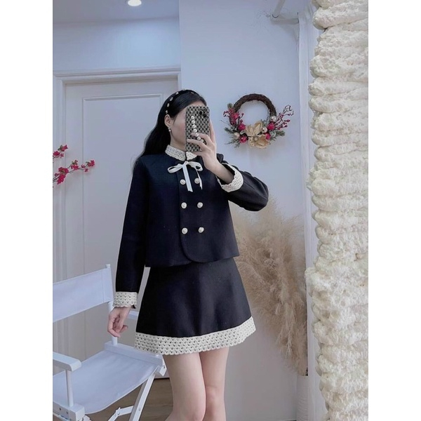 Set dạ tweed - Áo khoác dạ mix với chân váy chữ A viền ren kèm nơ phong cách tiểu thư Gin62.store
