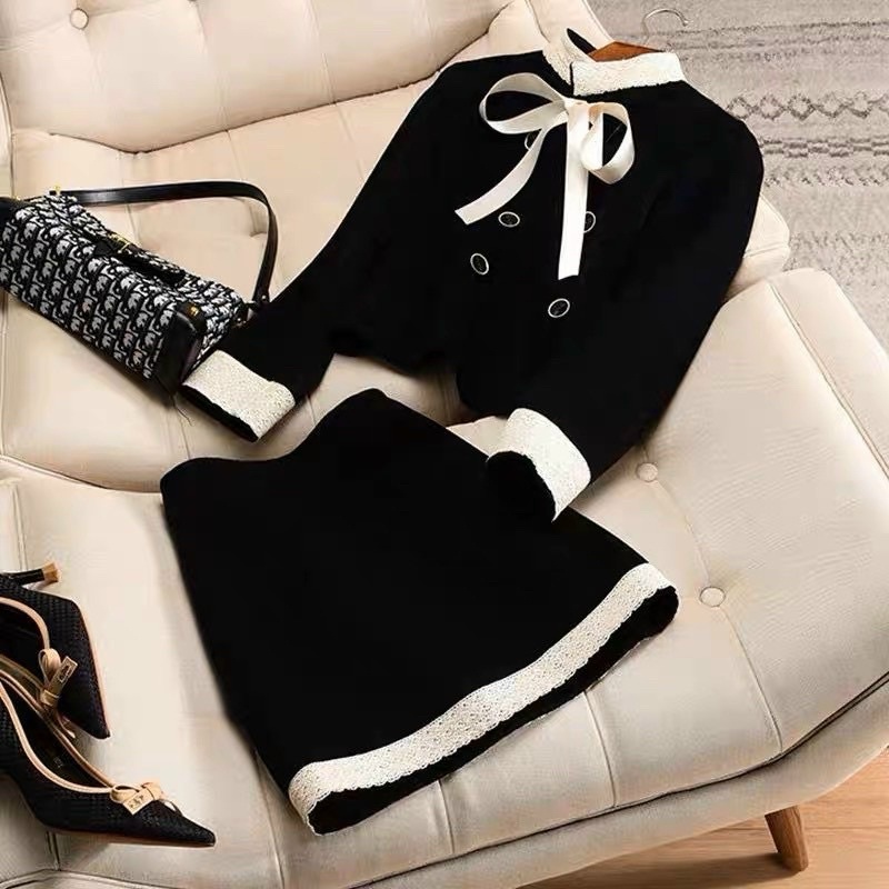 Set dạ tweed - Áo khoác dạ mix với chân váy chữ A viền ren kèm nơ phong cách tiểu thư Gin62.store