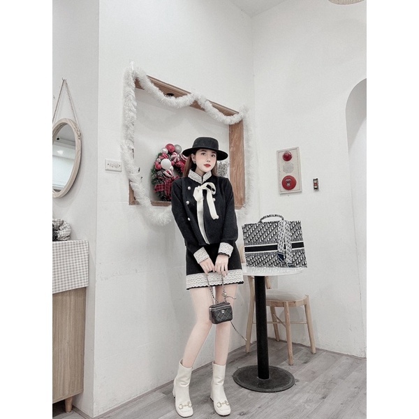 Set dạ tweed - Áo khoác dạ mix với chân váy chữ A viền ren kèm nơ phong cách tiểu thư Gin62.store