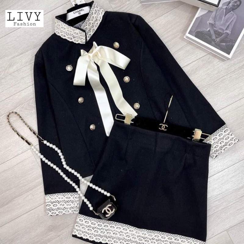 Set dạ tweed - Áo khoác dạ mix với chân váy chữ A viền ren kèm nơ phong cách tiểu thư Gin62.store