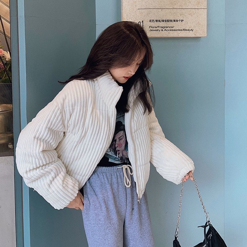 Áo khoác phao nữ, Áo phao nhung gân dáng ngắn hàng Quảng Châu, Áo phao nhung béo kèm dây rút