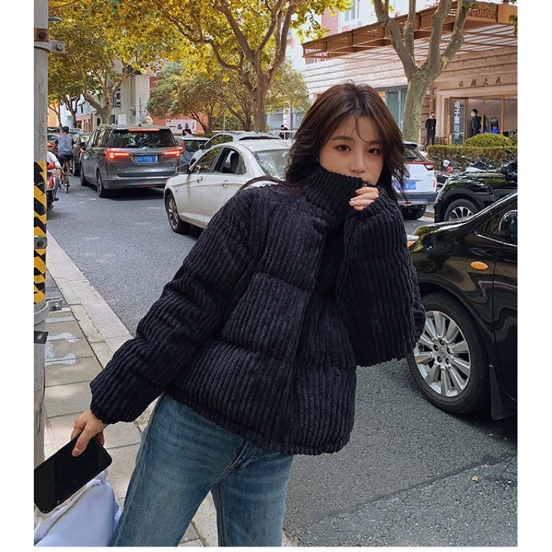 Áo khoác phao nữ, Áo phao nhung gân dáng ngắn hàng Quảng Châu, Áo phao nhung béo kèm dây rút