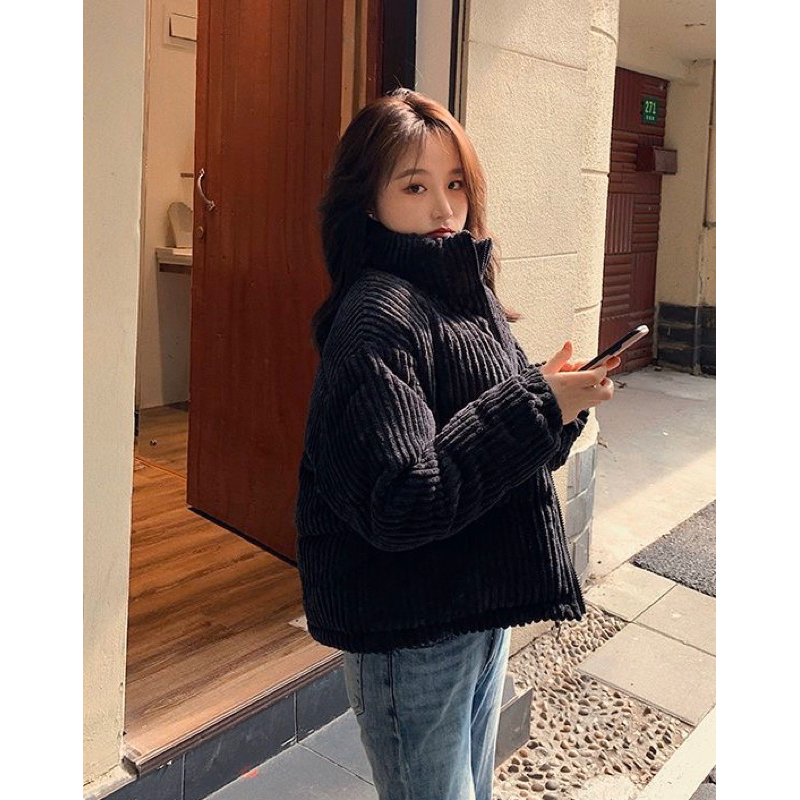 Áo khoác phao nữ, Áo phao nhung gân dáng ngắn hàng Quảng Châu, Áo phao nhung béo kèm dây rút