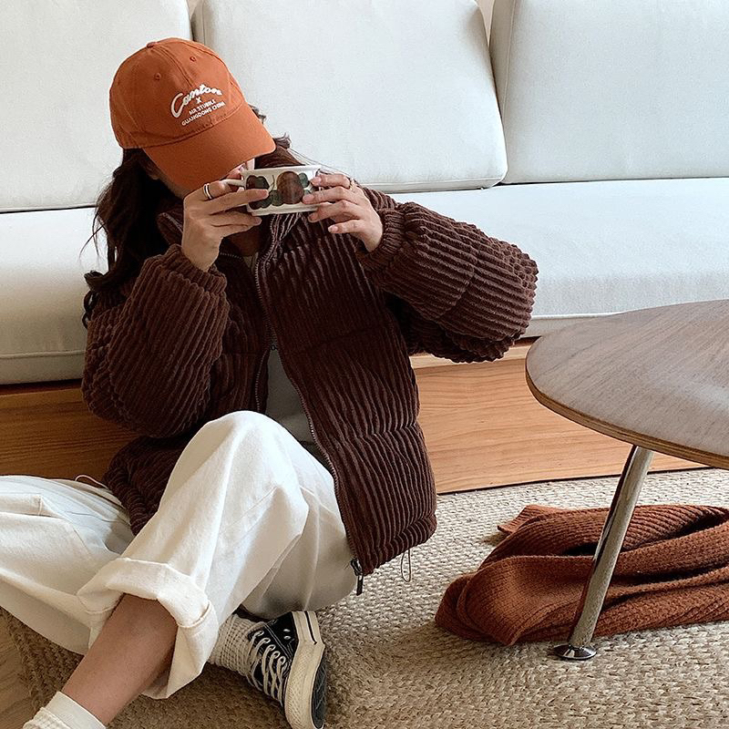 Áo khoác phao nữ, Áo phao nhung gân dáng ngắn hàng Quảng Châu, Áo phao nhung béo kèm dây rút