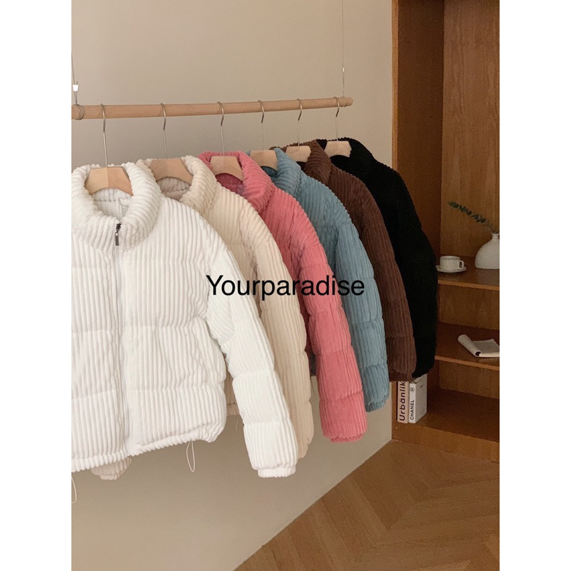 Áo khoác phao nữ, Áo phao nhung gân dáng ngắn hàng Quảng Châu, Áo phao nhung béo kèm dây rút