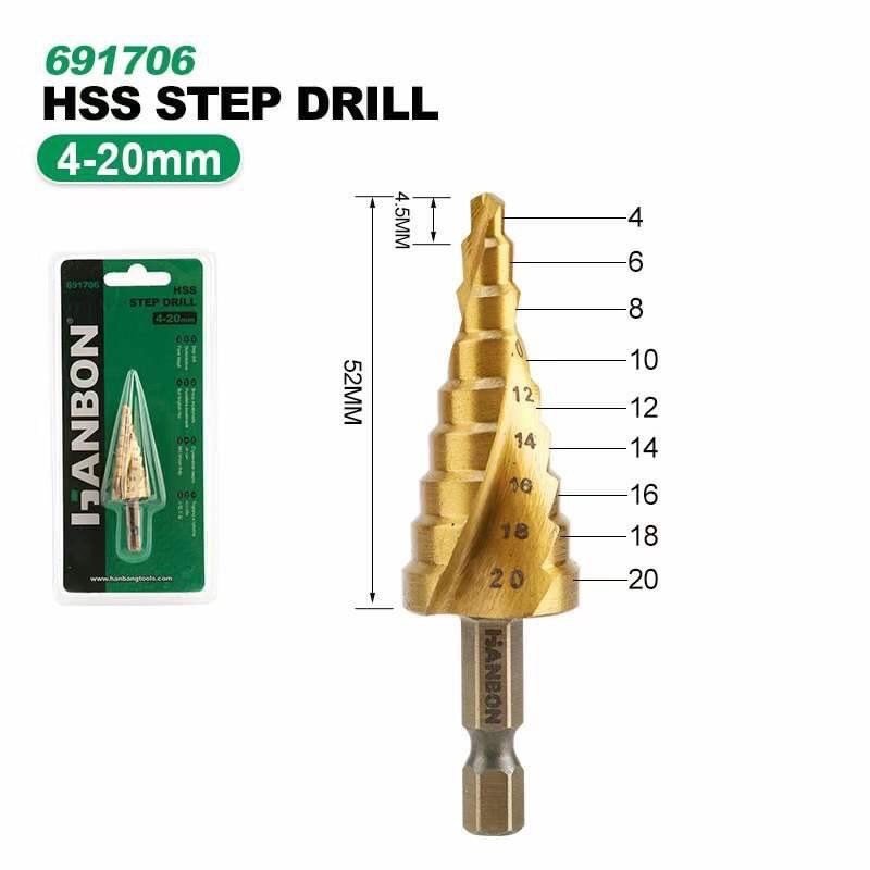 Mũi khoan tháp rãnh xoắn cao cấp HANBON 4-12, 4-20, 4-32mm chuyên khoan sắt , tôn, nhôm