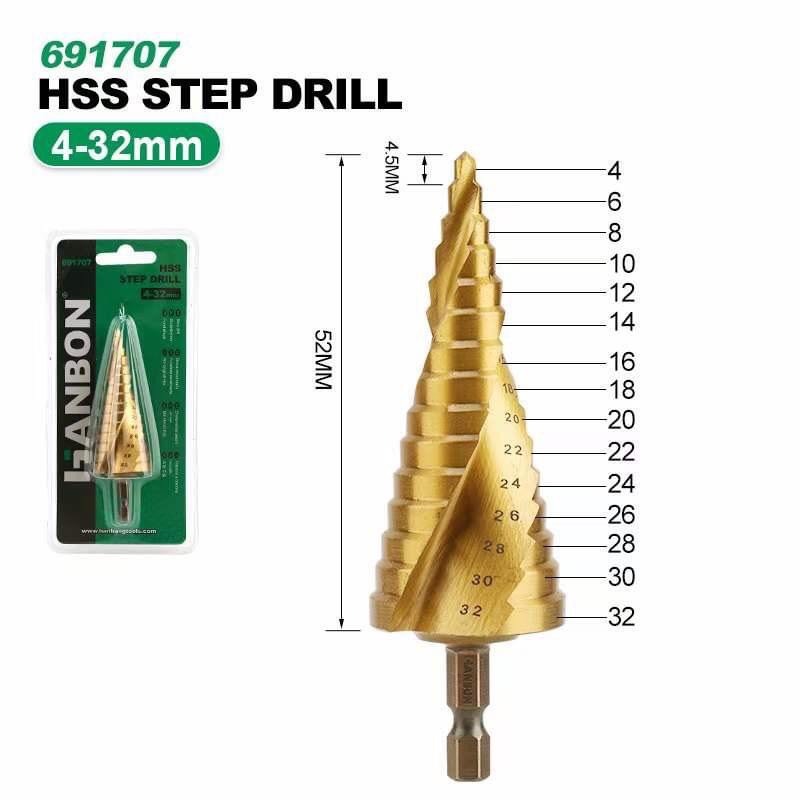 Mũi khoan tháp rãnh xoắn cao cấp HANBON 4-12, 4-20, 4-32mm chuyên khoan sắt , tôn, nhôm