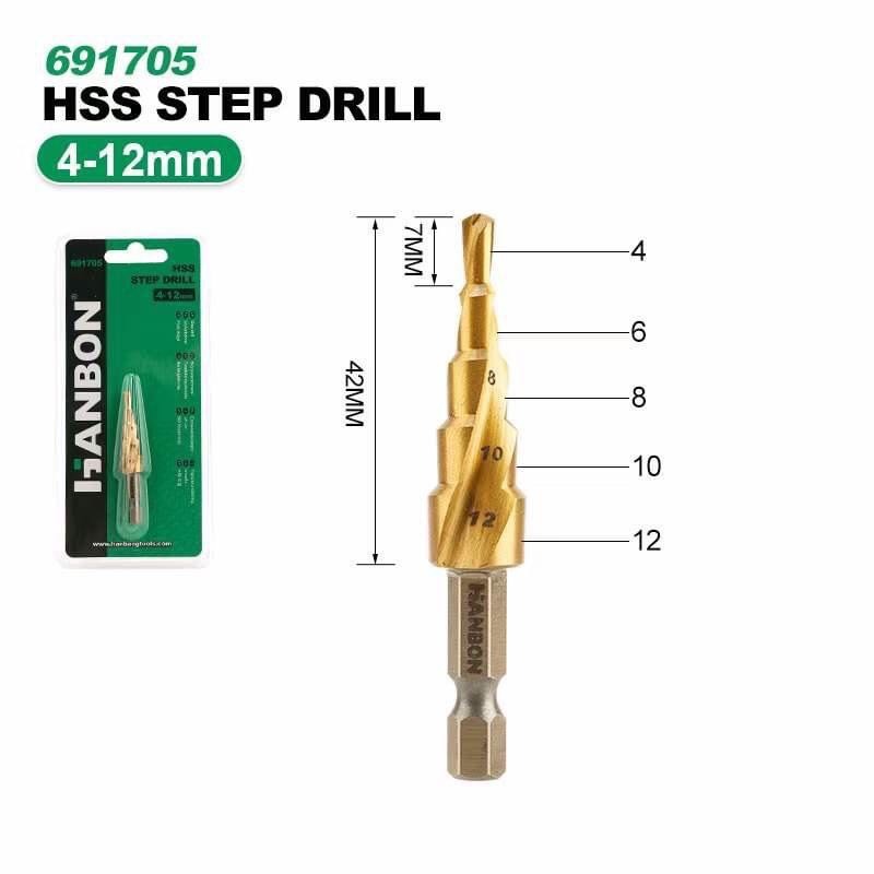 Mũi khoan tháp rãnh xoắn cao cấp HANBON 4-12, 4-20, 4-32mm chuyên khoan sắt , tôn, nhôm