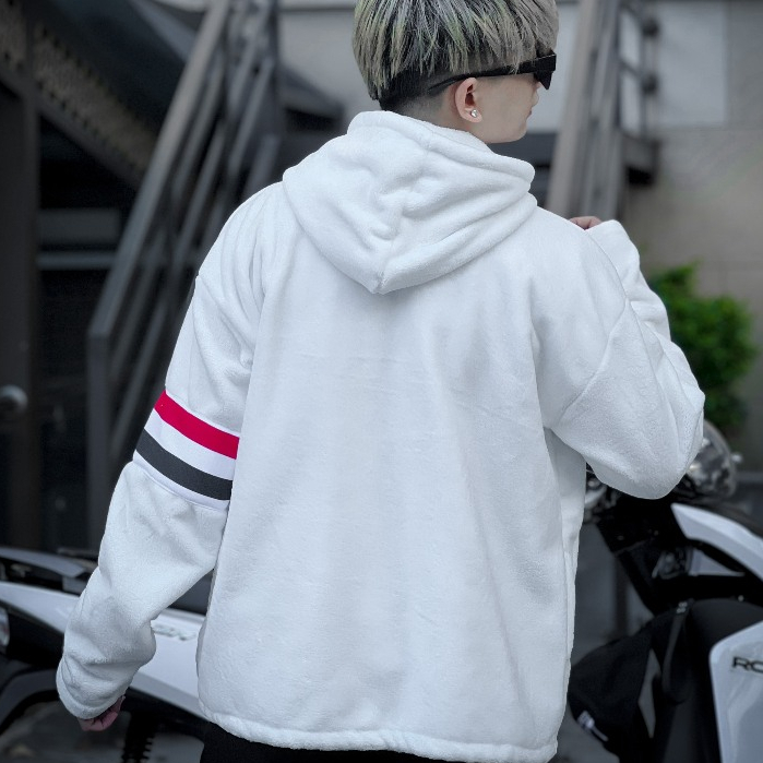 Áo Khoác Lông Cừu THOM 2 Lớp Có Mũ Dày Dặn Phối Kẻ Sọc Tay Phong Cách Trẻ Trung Năng Động