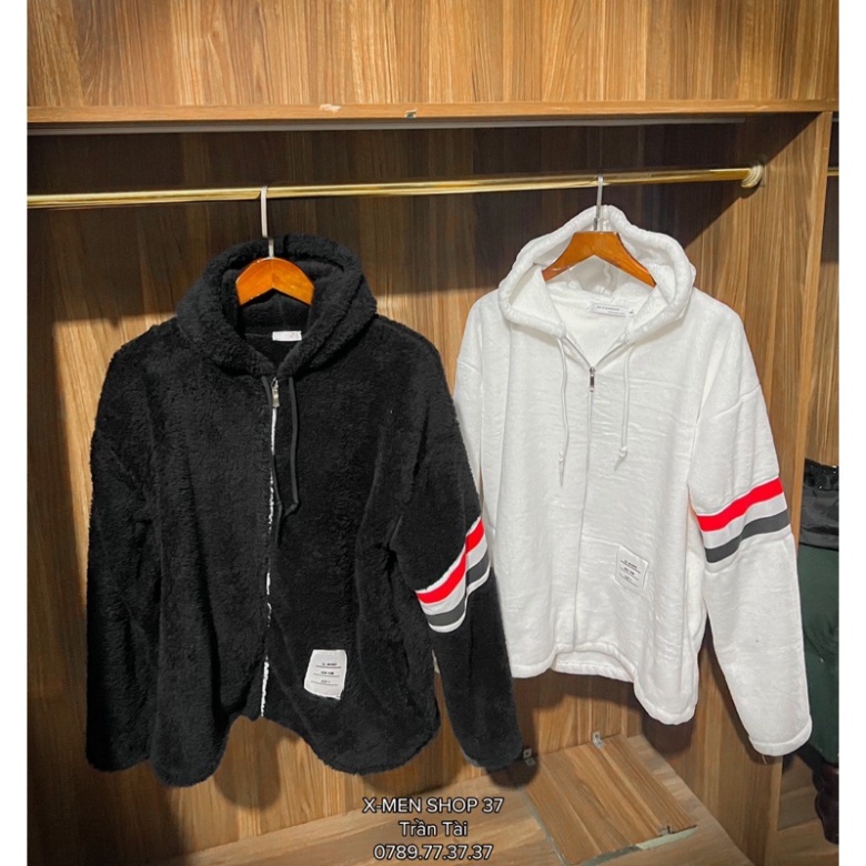 Áo Khoác Lông Cừu THOM 2 Lớp Có Mũ Dày Dặn Phối Kẻ Sọc Tay Phong Cách Trẻ Trung Năng Động