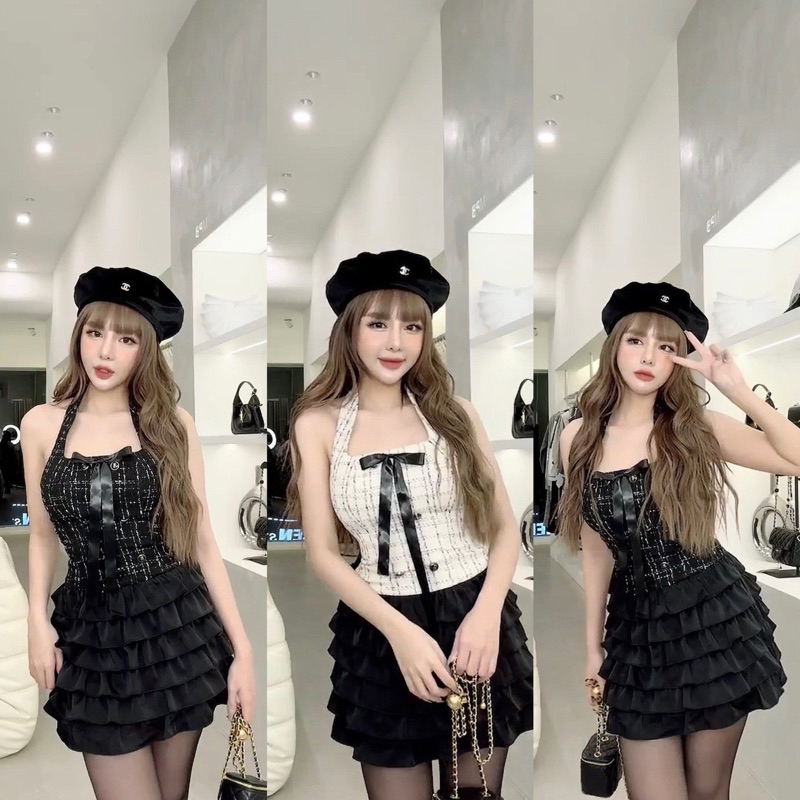 ẢNH THẬT-váy dạ mix chân lụa bèo tầng mai phương bùi fulltag mac 2 tem