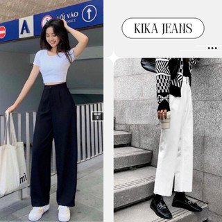 Quần jean nữ Bigsize 55kg-85kg ống suông rộng trơn, quần ông suông form lưng cao chất vải kaki hách dáng KiKaJeans MS106